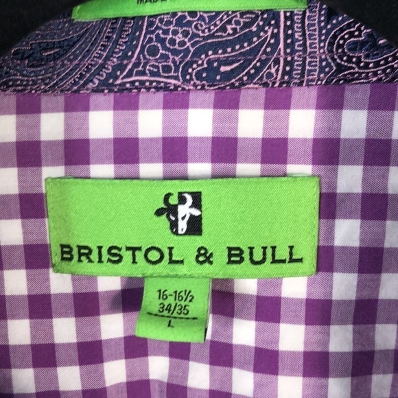 Men’s Bristol & Bull 100% Cotton Orchid, and White Gingham Check Dress Shirt - Picture 6 of 9